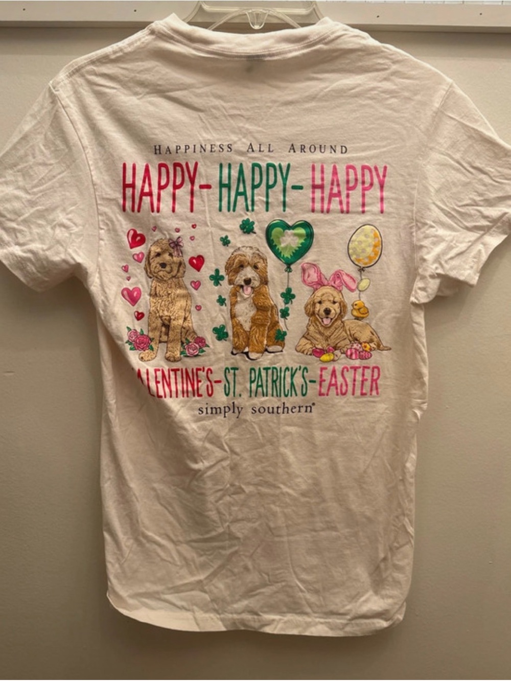 Simply Southern "Happy-Happy-Happy" White Dog Graphic Tee Small